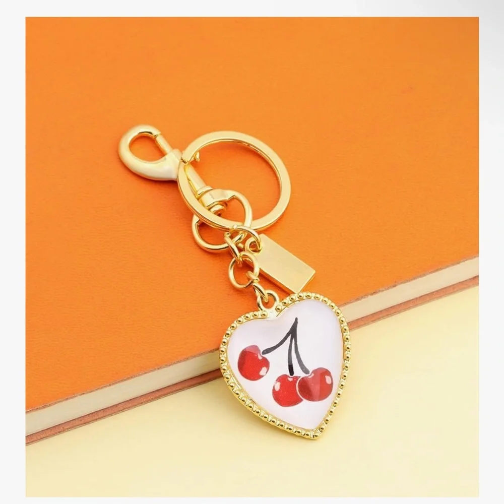 🆕 Gold Heart Cherry Keychain Charm - Women Accessories